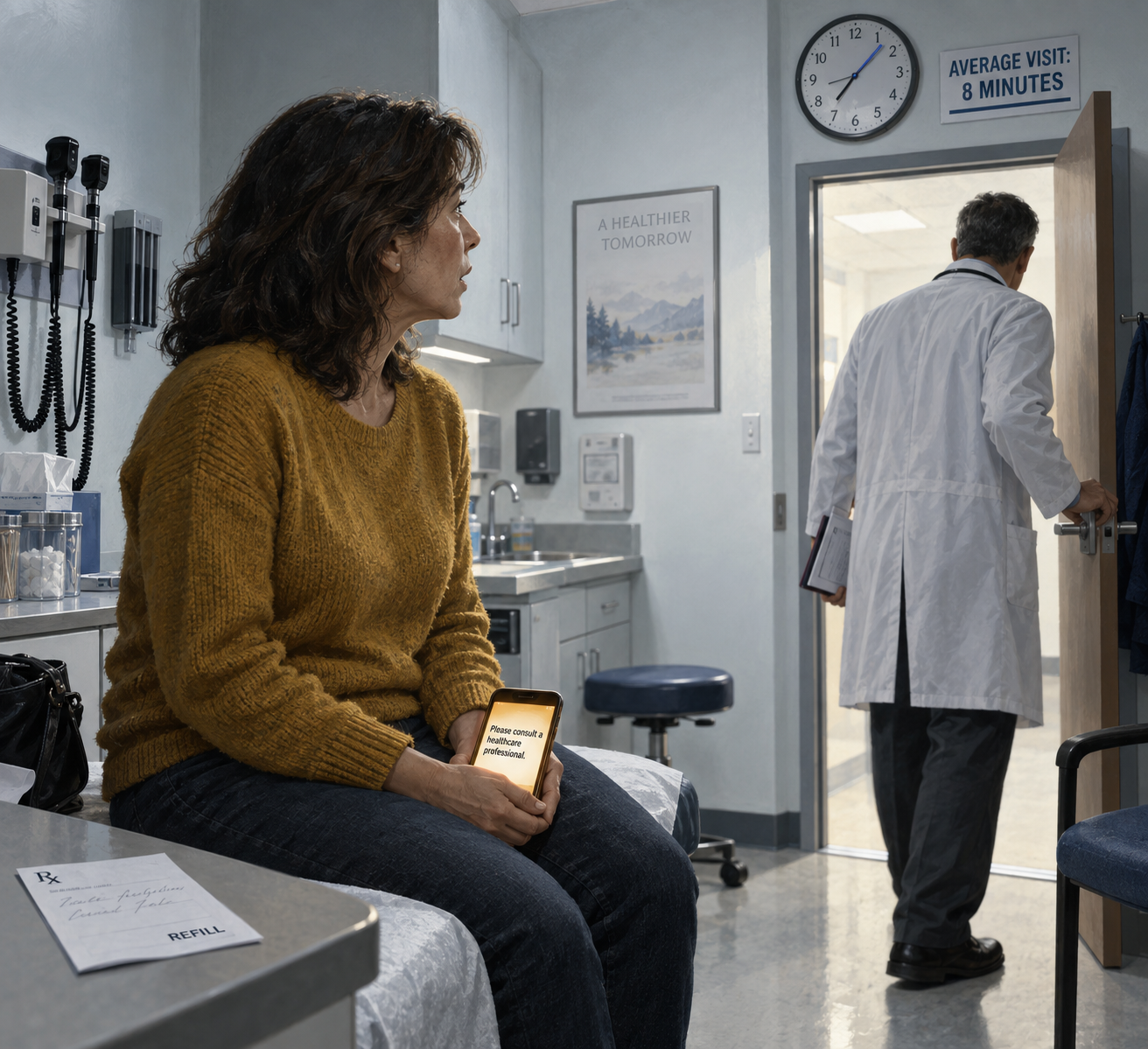 A woman sits on an exam table with a question unasked while the doctor leaves; a clock sign reads average visit 8 minutes