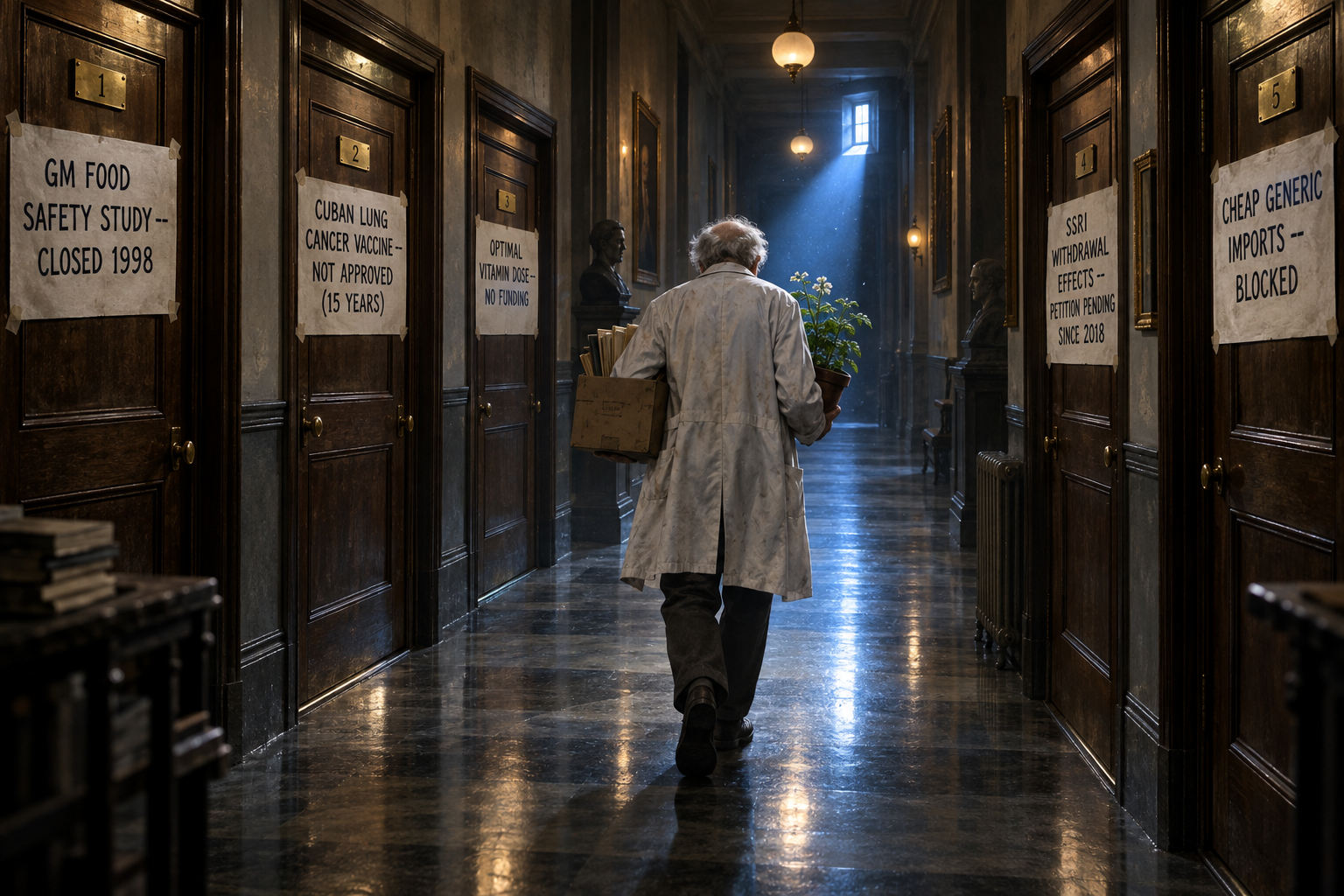 A dim corridor of closed doors, each with a notice about a medical question that was shut, and an old scientist walking toward a blue light