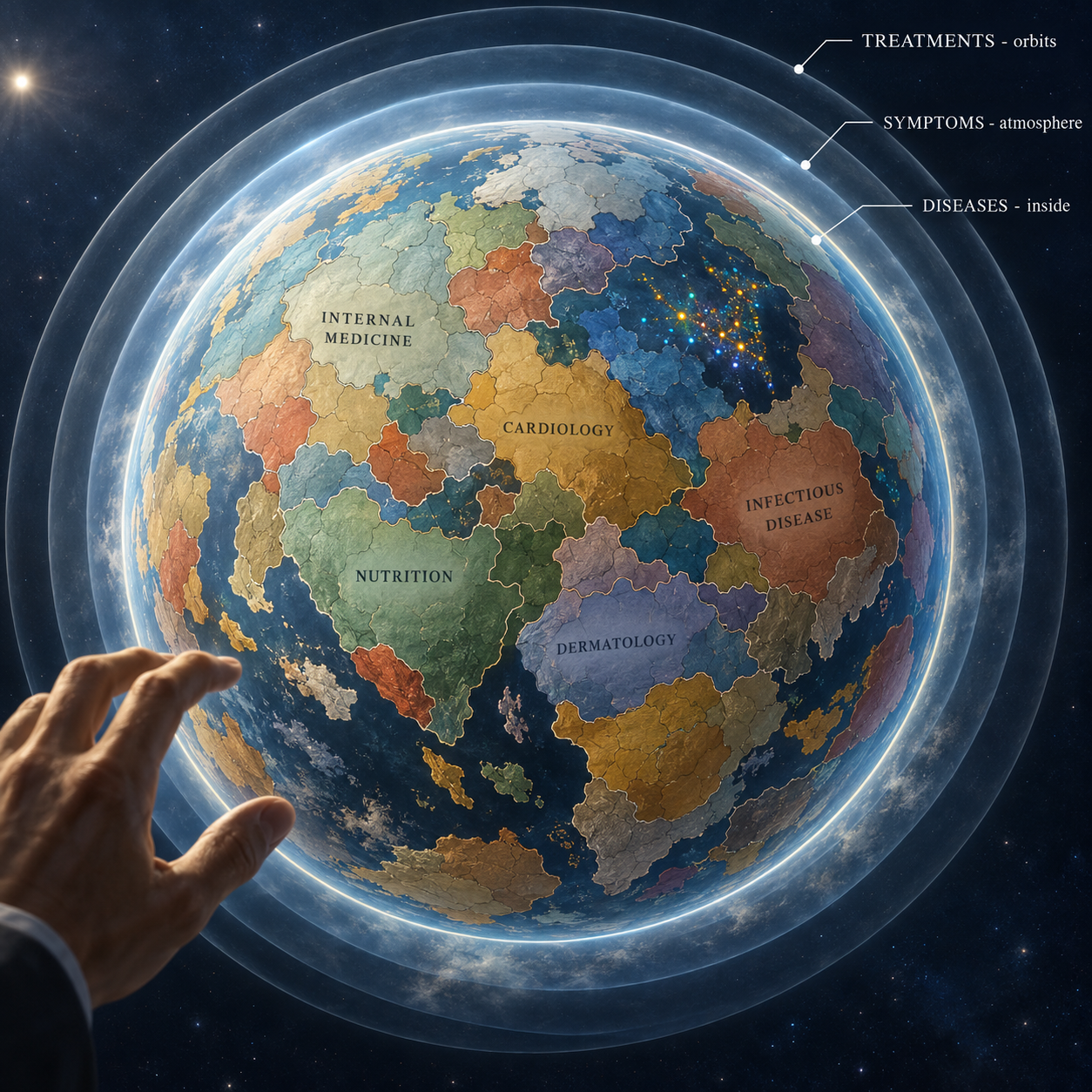 A floating globe whose continents are medical textbooks, with glass shells for diseases, symptoms and treatments